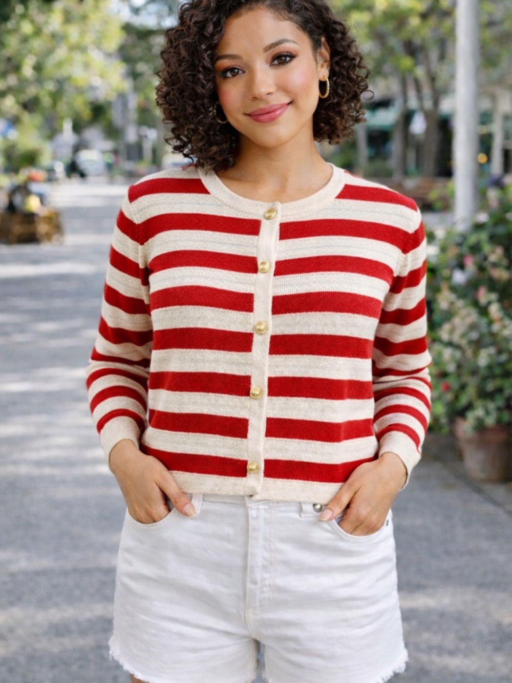 Striped Red and Cream Button-Front Sweater